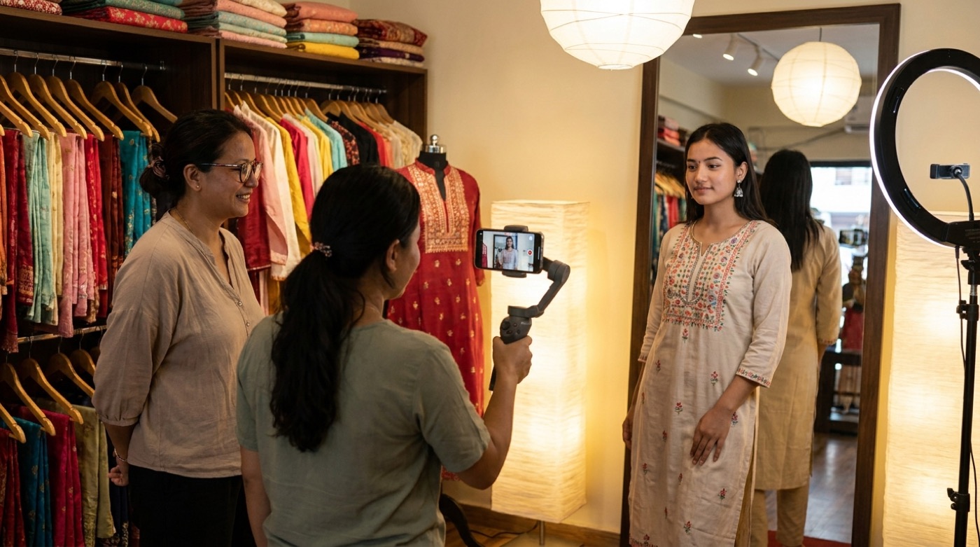 A boutique owner arranging clothing on a rack in preparation for a product photo shoot
