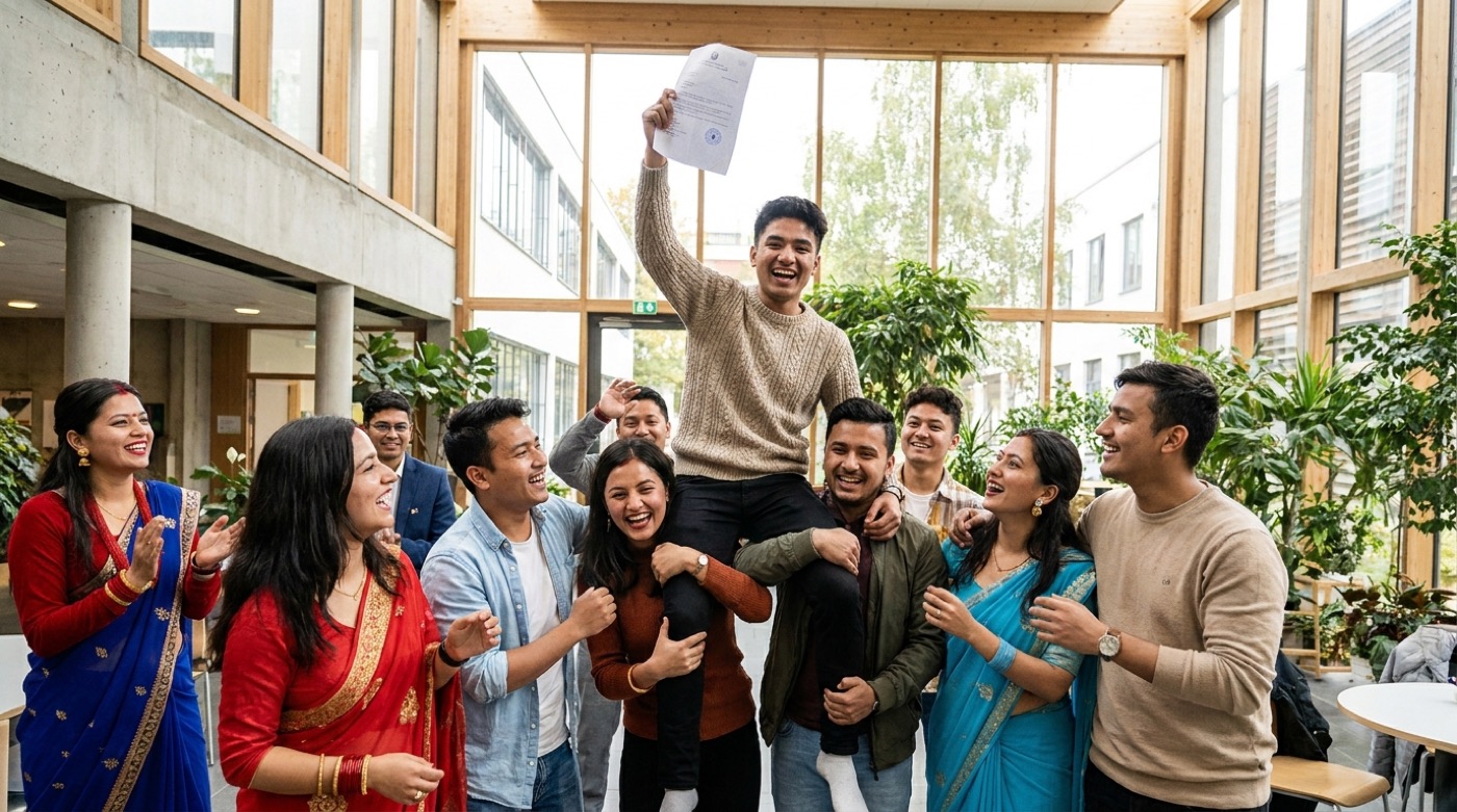 A group of Nepali students looking at a college admission poster on a notice board