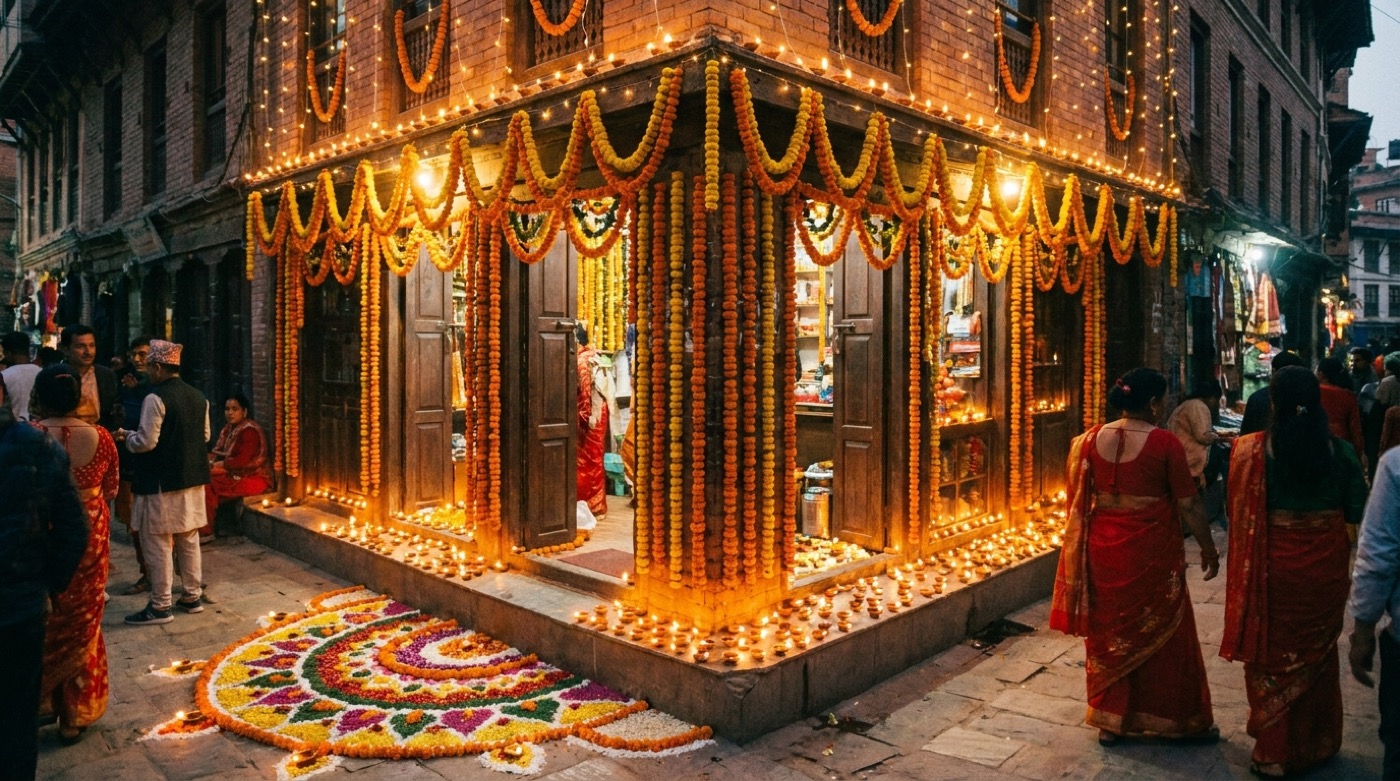 Diyo lights and festive decorations outside a Nepali shop during Tihar