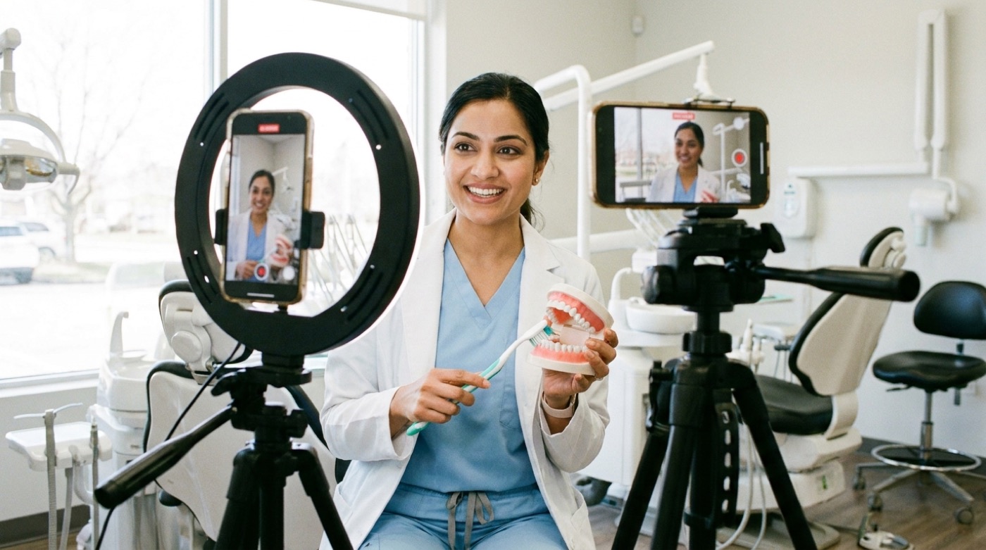 A phone screen showing a dental clinic Instagram grid with tooth-care tips and clinic photos.