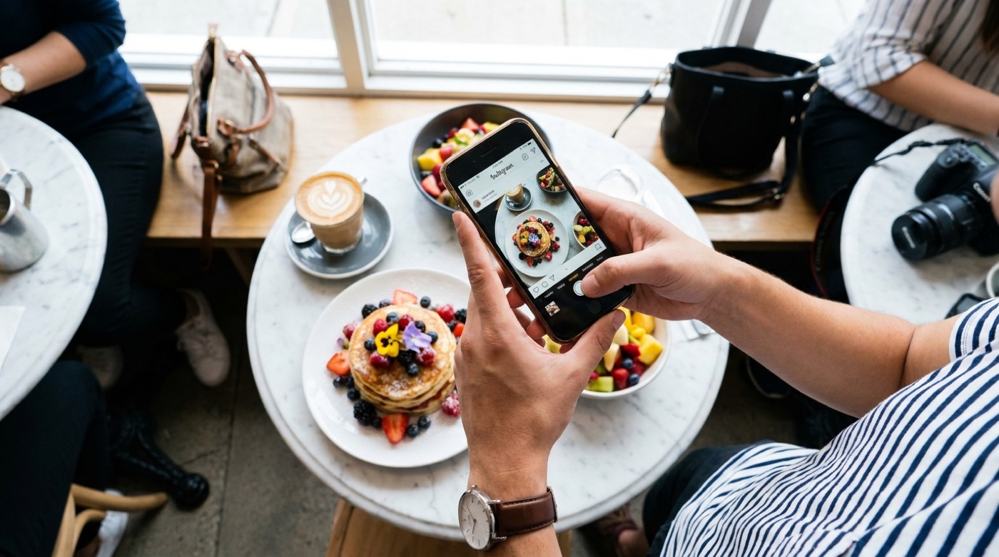 A phone taking a photo of a plated Nepali dish on a restaurant table in Kathmandu