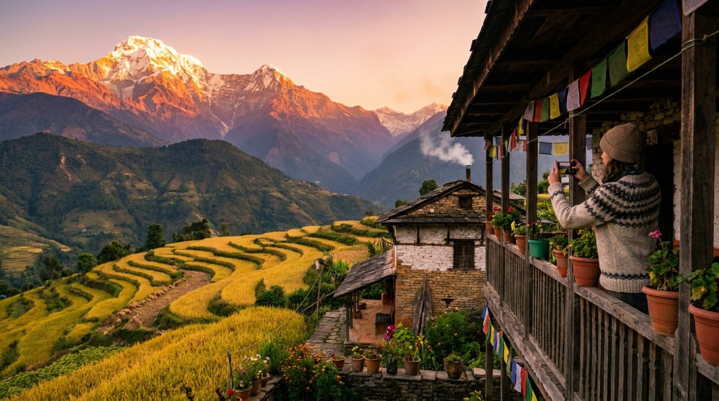 A homestay host in a Nepali village preparing a traditional meal while a guest takes a photo for social media