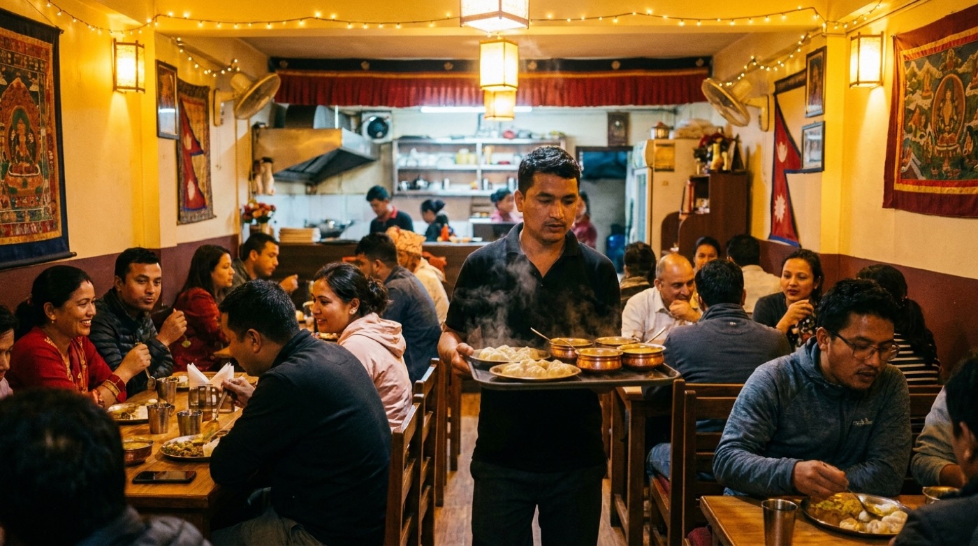 A plated dish being photographed for a restaurant’s social media page in Nepal
