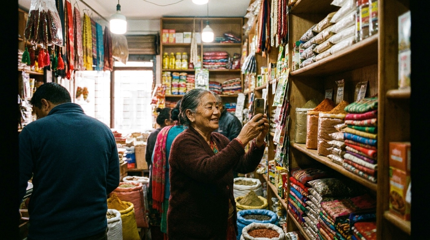 A shop owner in Nepal photographing products on a shelf for a social media post