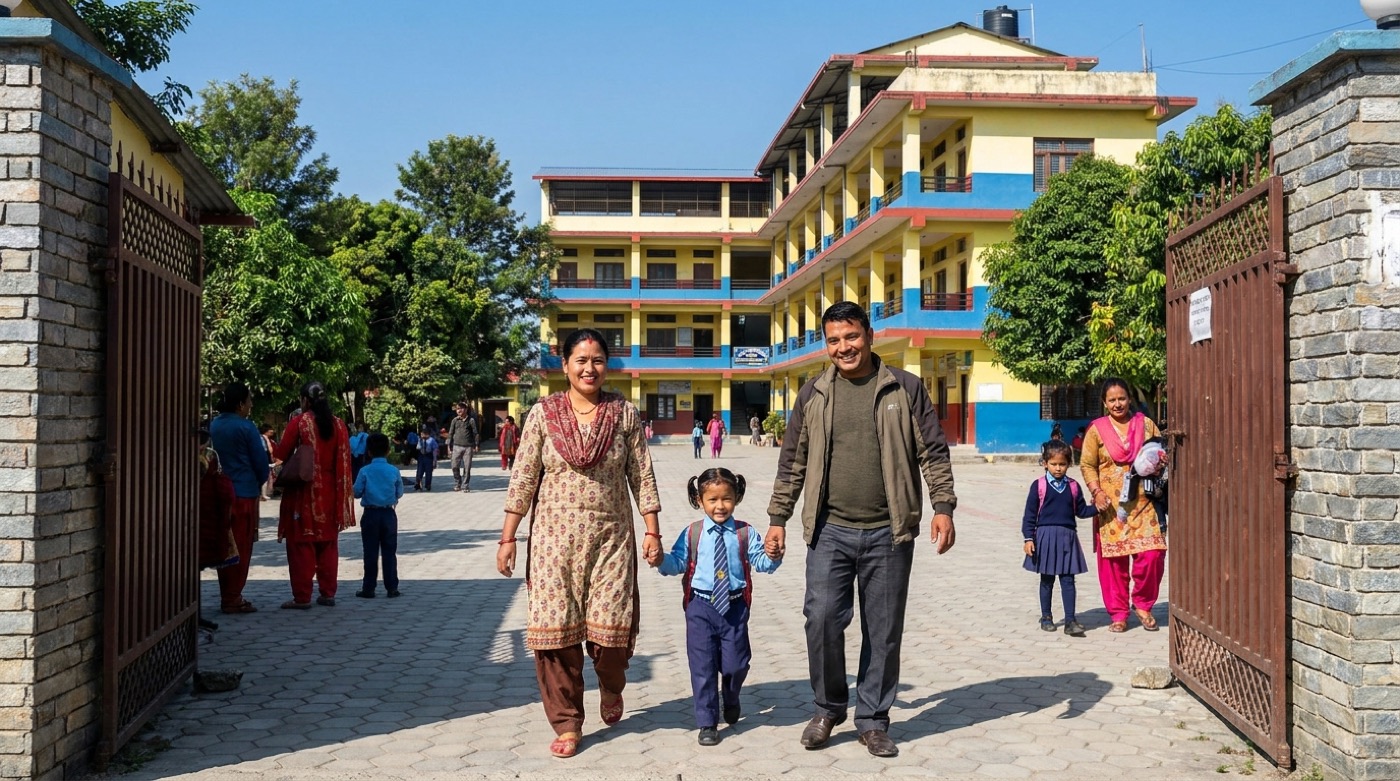 A Nepali school teacher showing a tablet with a school social media page to two parents in a school corridor