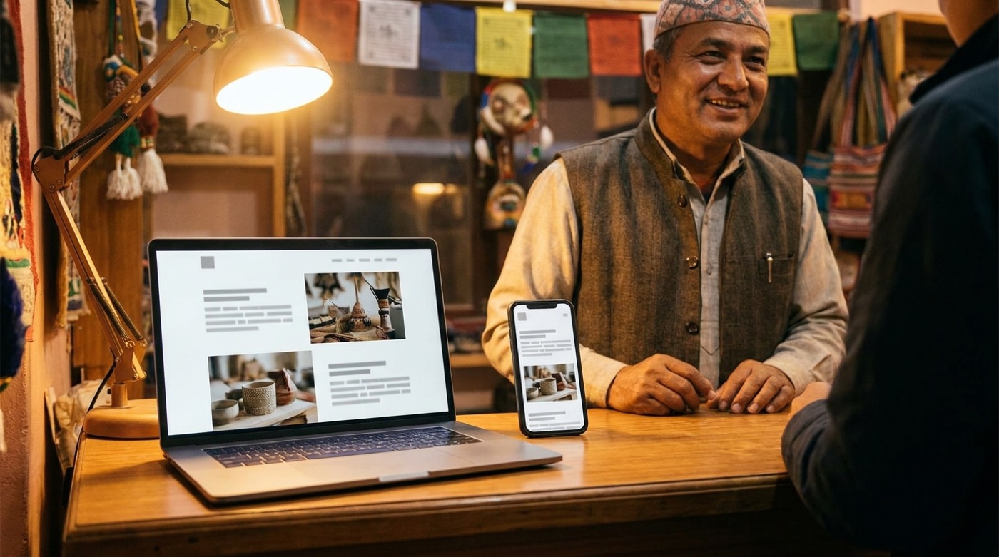 A small shop owner in Nepal checking their business website on a laptop