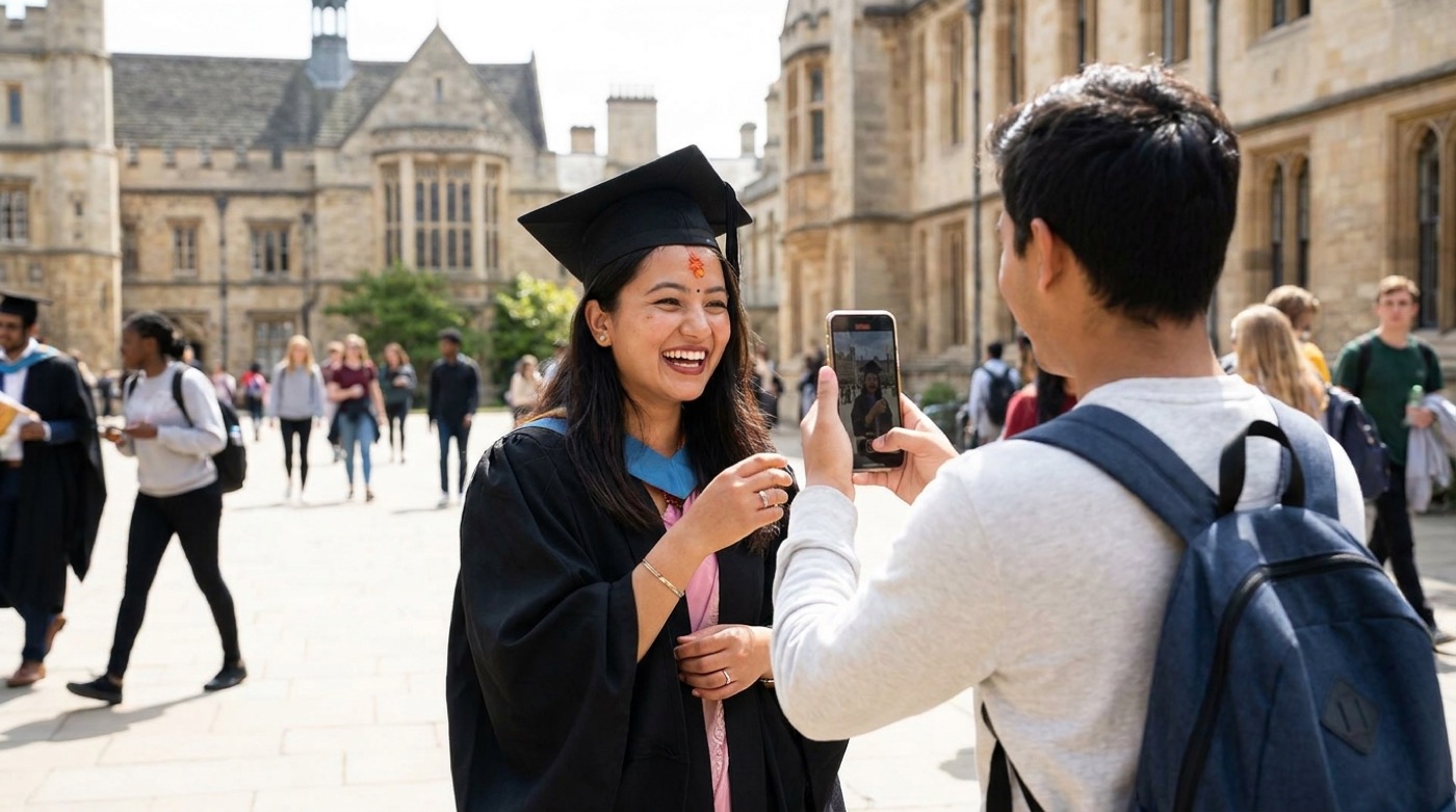 A former student sharing their study-abroad experience during a video interview at an education consultancy
