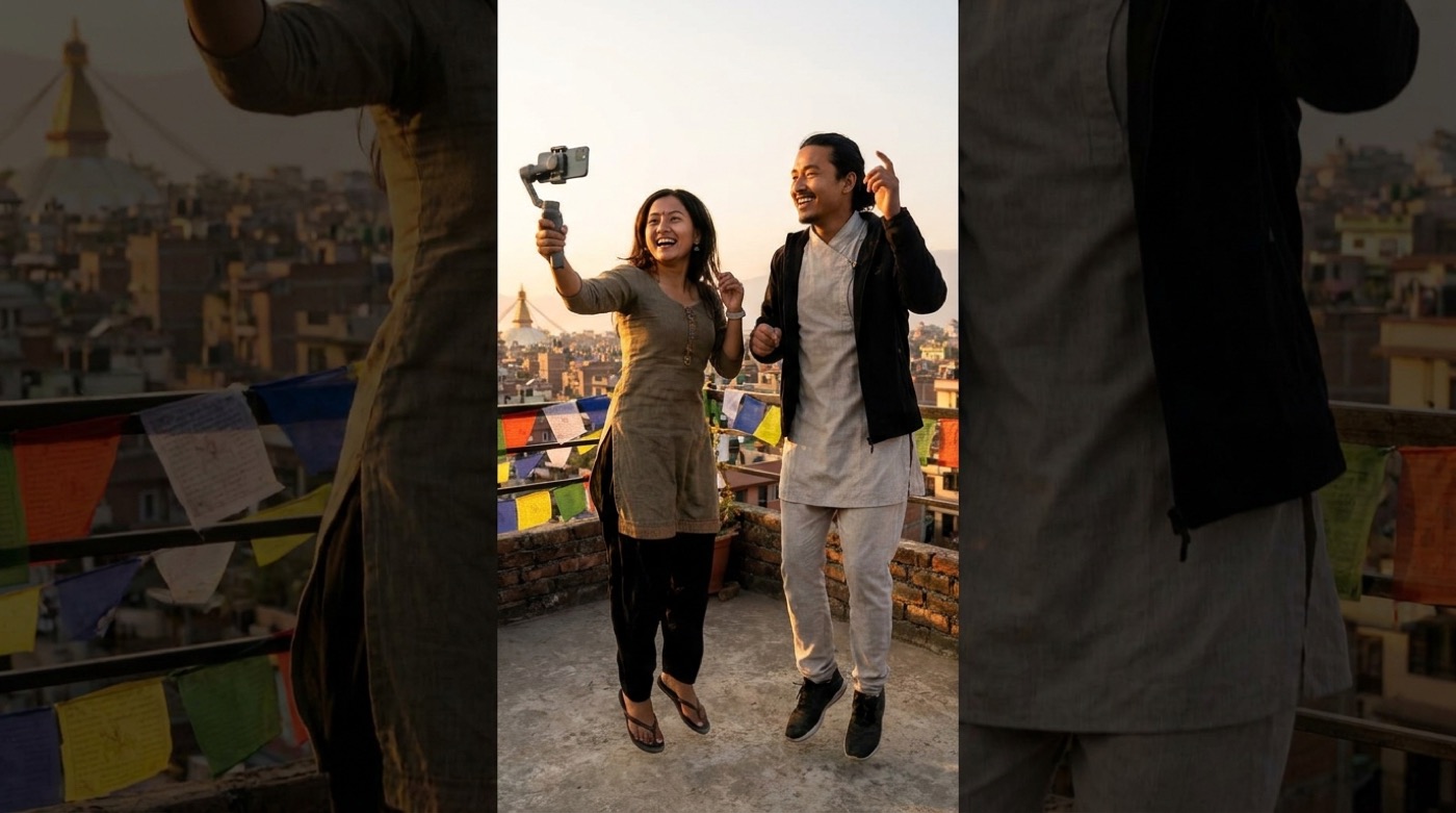 A small business owner in Nepal filming a short video for TikTok on a phone