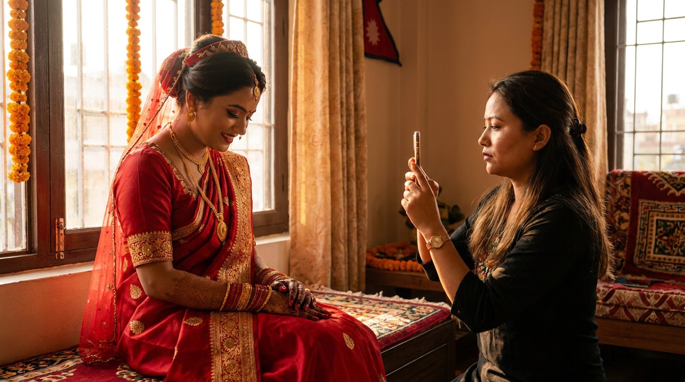 A bridal makeup artist working on a client in a salon decorated for wedding season in Nepal.